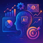AI technology integrating with digital marketing platforms displaying data analytics and automation