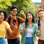 Campus Culture Goes Viral Diverse group of college students filming a viral dance challenge on campus using smartphones