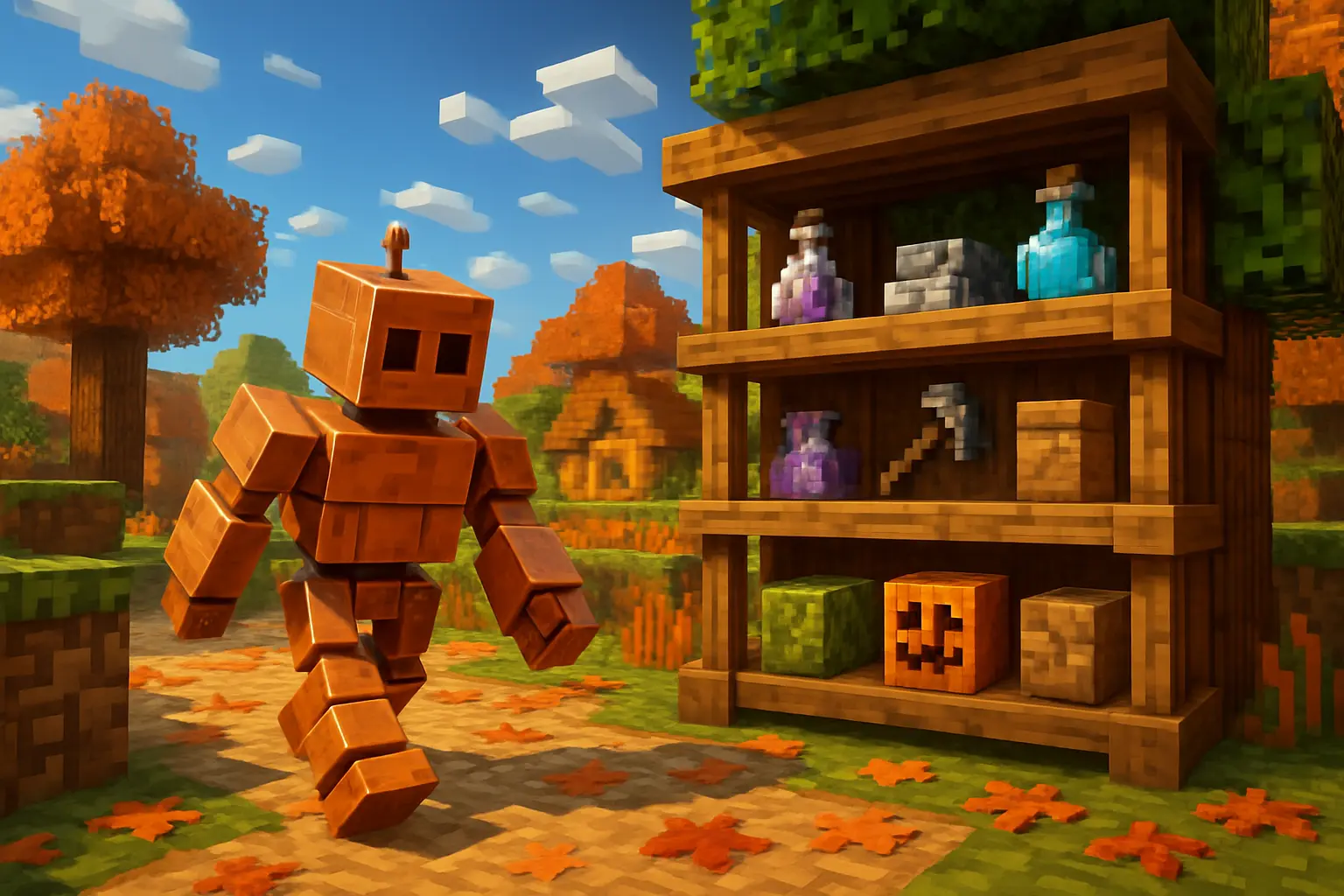 Minecraft Fall Drop 2025 update featuring copper golem and shelves in blocky world