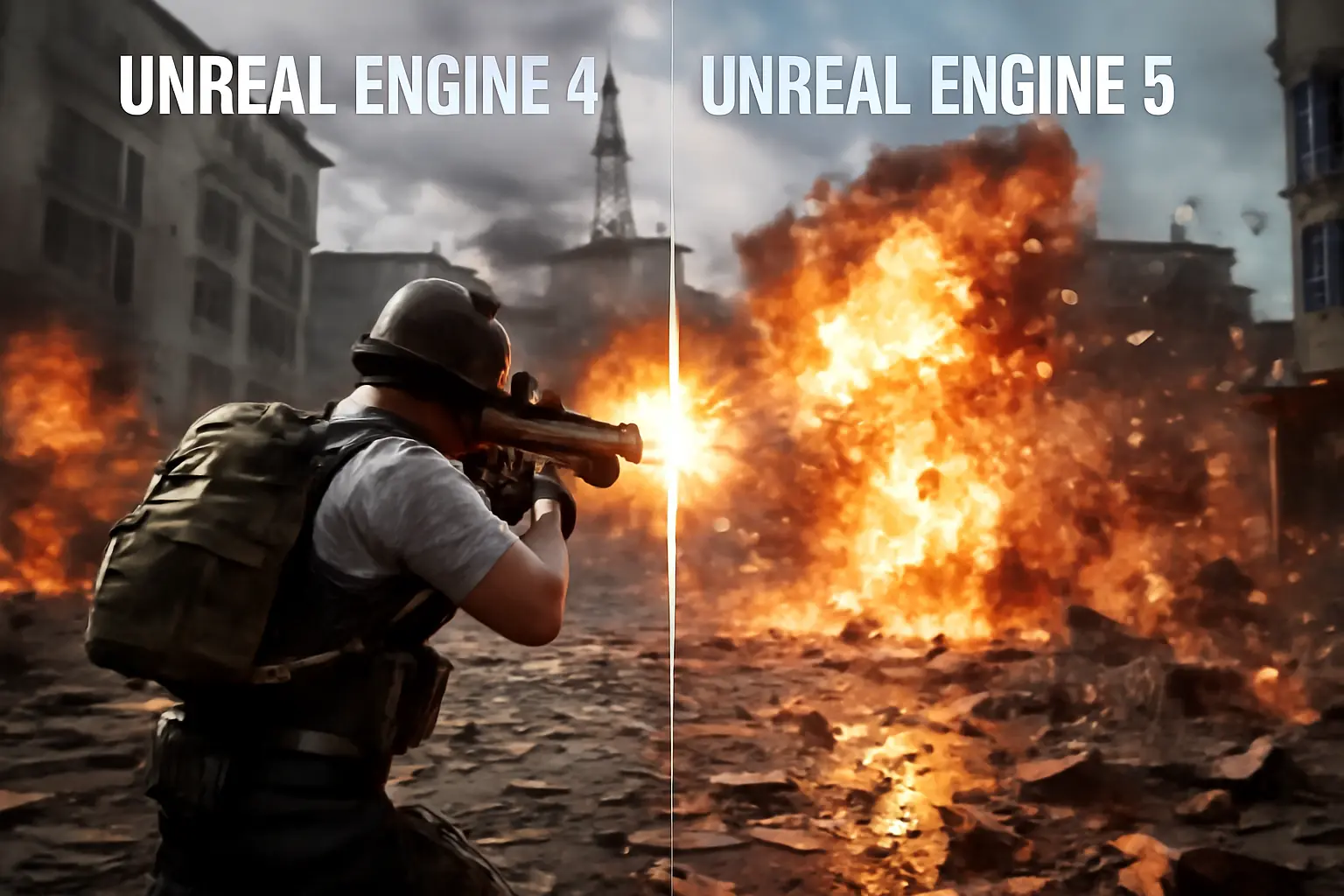 Gameplay screenshot preview showing PUBG graphics comparing Unreal Engine 4 and Unreal Engine 5 with dynamic destructible environments.