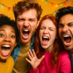 Vibrant selfie of friends having fun with a shouting match vibe in colourful outdoor setting