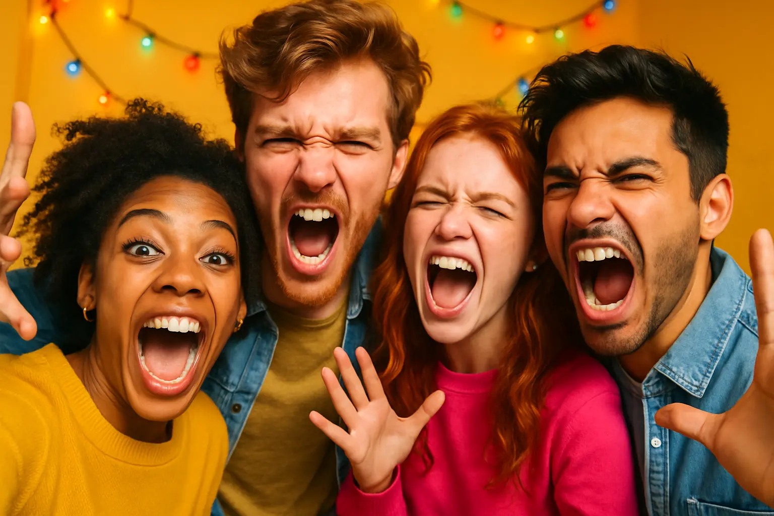 Vibrant selfie of friends having fun with a shouting match vibe in colourful outdoor setting