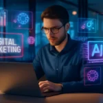 Marketer using AI tools on laptop for digital marketing strategy