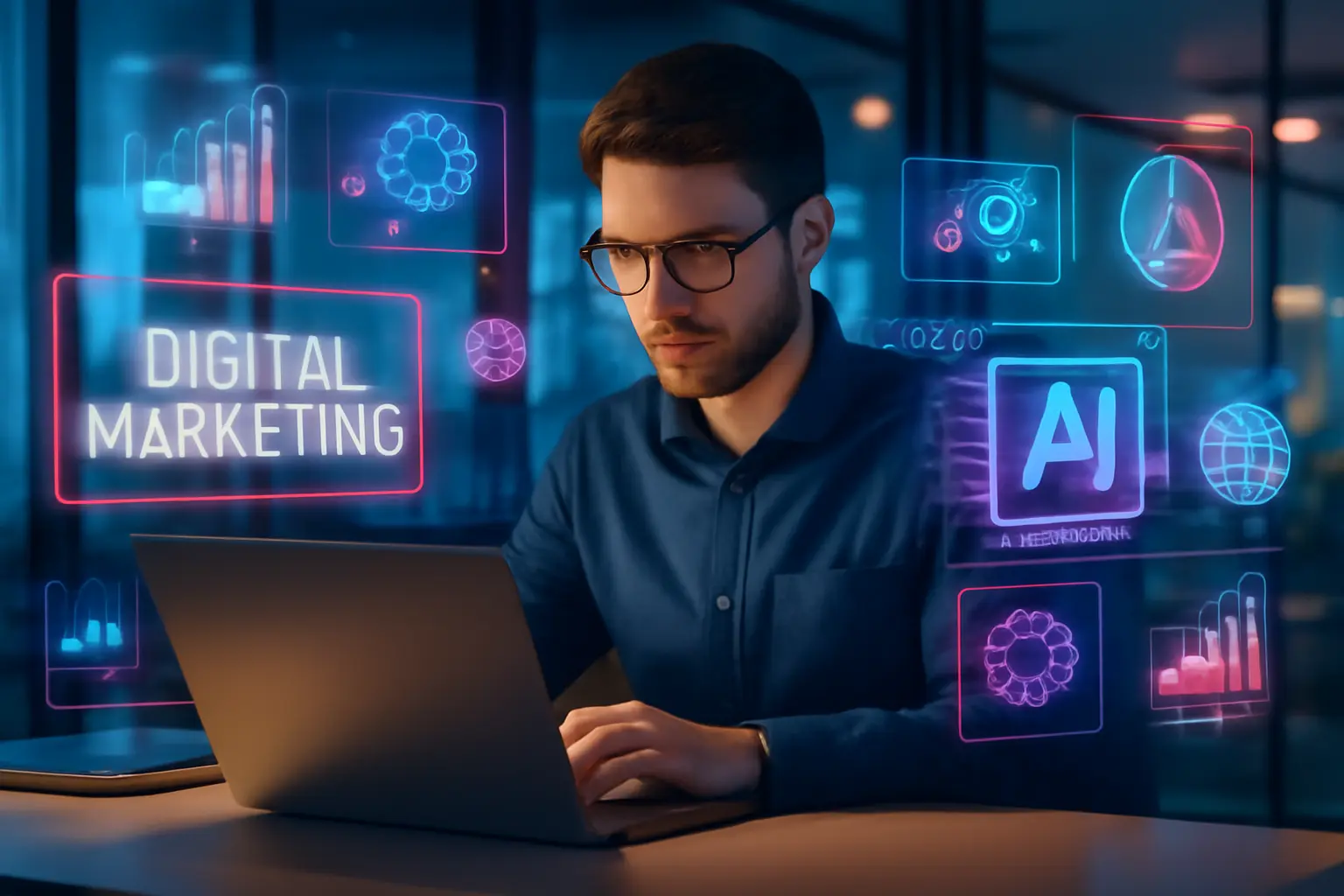 Marketer using AI tools on laptop for digital marketing strategy