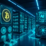Modern Bitcoin mining facility integrating AI-powered GPU clusters in a data centre