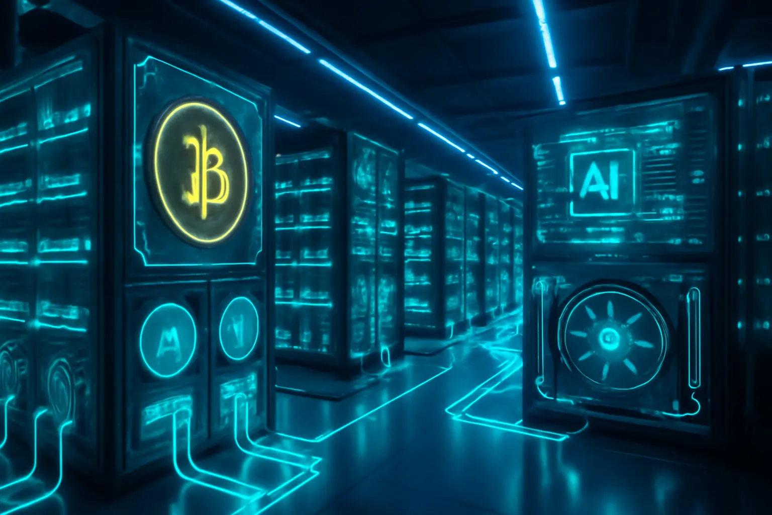 Modern Bitcoin mining facility integrating AI-powered GPU clusters in a data centre