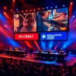 Valorant esports teams competing in a global tournament with intense gameplay moments on screen