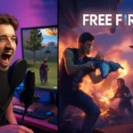 Free Fire gameplay scene showing split-screen with voiceover recording on one side and silent gameplay montage on the other.