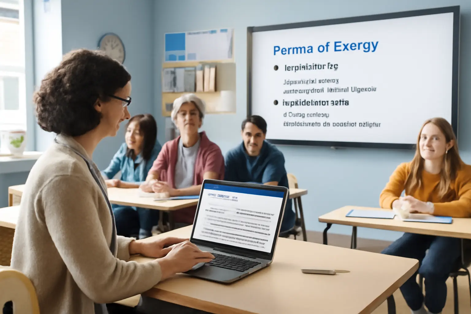 Teacher using Whisper AI transcription tool in a diverse classroom setting.