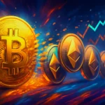 Bitcoin whale sells $76M to bet big on leveraged Ethereum Digital illustration showing Bitcoin transforming into Ethereum coins with financial charts representing crypto asset rotation