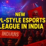 “Crowd cheering at an esports stadium in India with team banners”