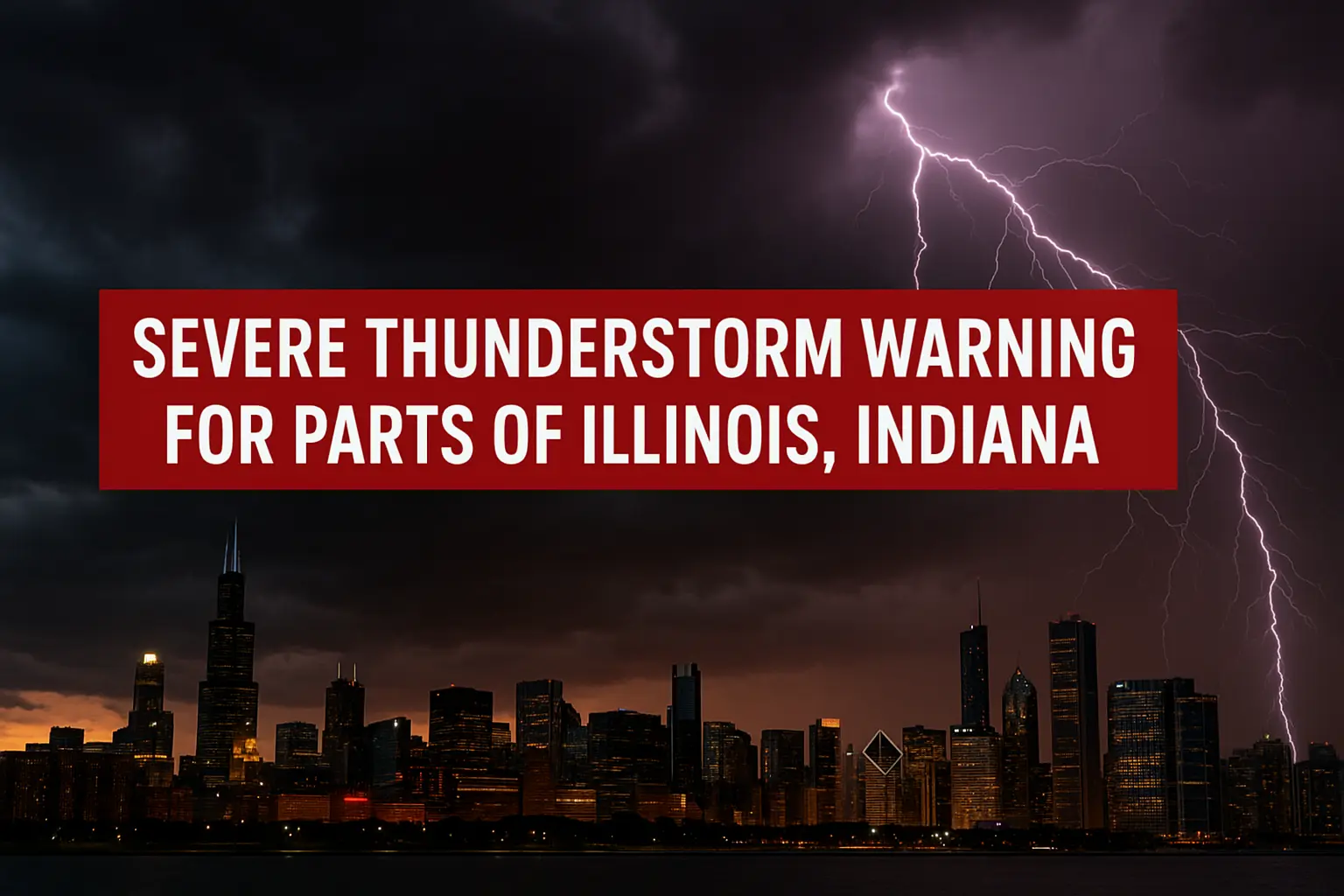 Severe Thunderstorm Warning in Illinois and Indiana with lightning and dark clouds