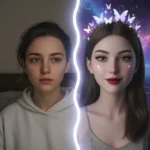 AI Filters & Filter Dysmorphia A young person looking into a mirror with their face digitally split between natural and AI-filtered versions