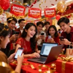 Shoppers browsing Amazon’s Great Indian Festival deals on smartphones and laptops.