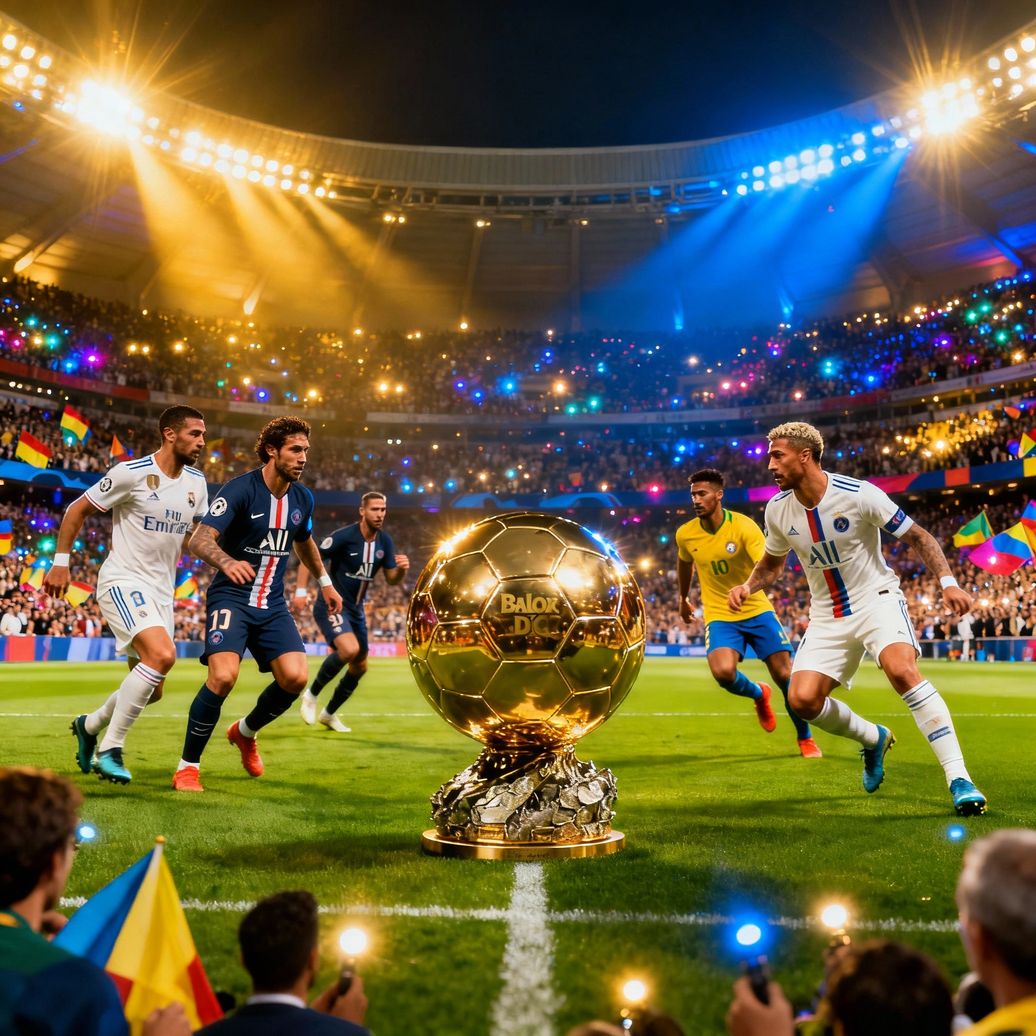 Football player holding Ballon d’Or trophy, surrounded by top contenders in stadium lights
