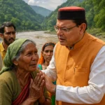 CM Pushkar Singh Dhami interacting with villagers during disaster relief in Uttarakhand