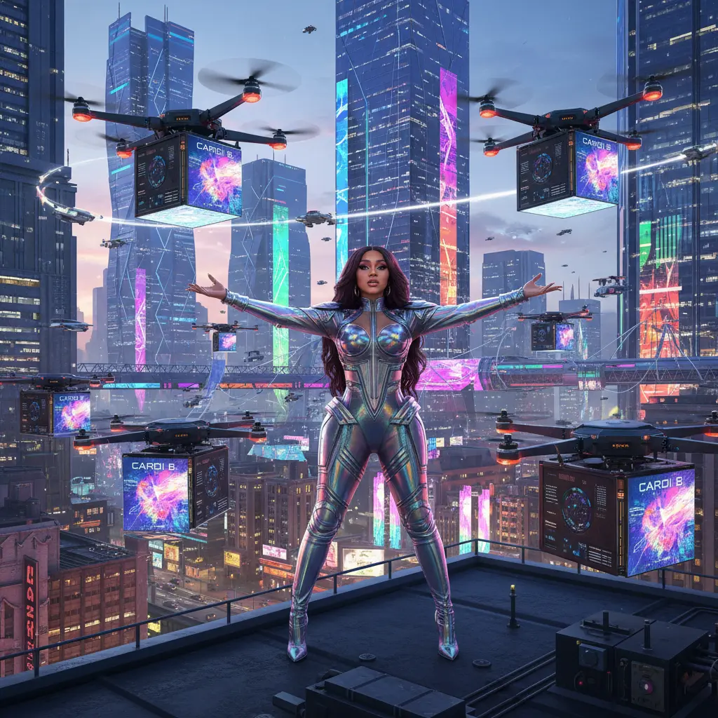 Cardi B standing in front of drones ready for album delivery launch