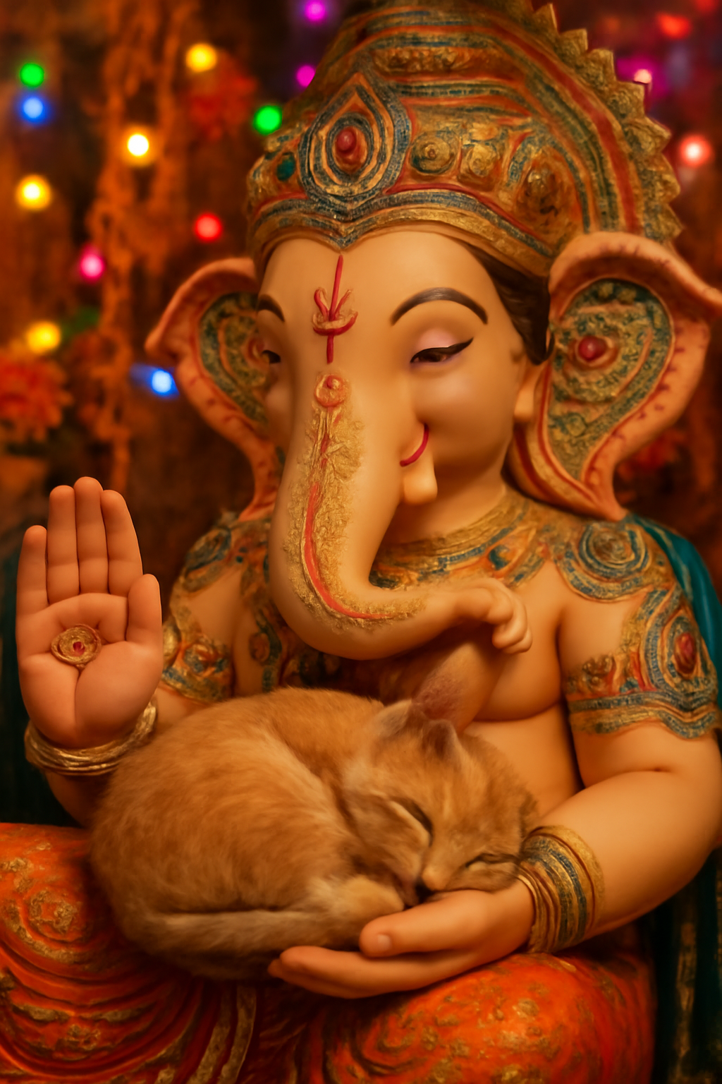 Cat peacefully sleeping on Lord Ganesha idol’s arm