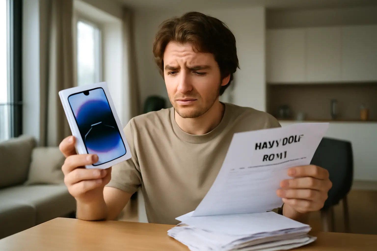 Young adult comparing iPhone 17 packaging against monthly bills in a sun-lit modern apartment