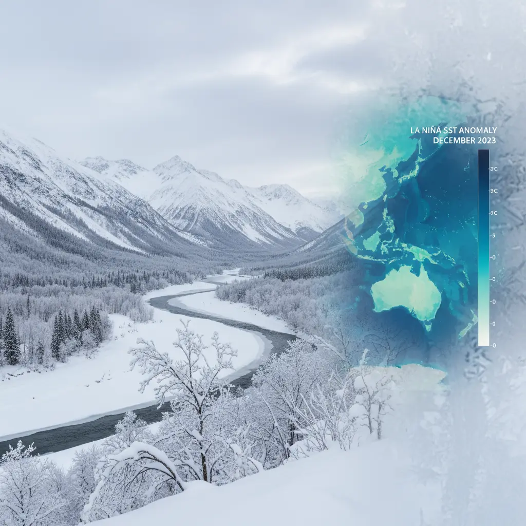 Winter landscape showing frost and snow with an overlay of La Niña ocean temperature map