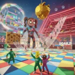 Fortnite x Squid Game Collab in Creative Mode Fortnite characters dressed in Squid Game costumes in a creative mode setting