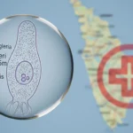 Microscopic view of Naegleria fowleri amoeba next to a blurred map of Kerala with a red 'ALERT' symbol, indicating a public health warning.