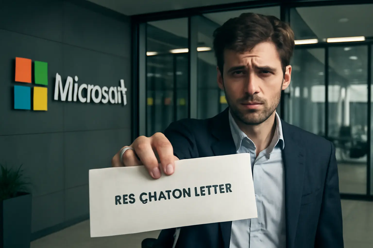 A frustrated employee handing resignation letter over a laptop with Microsoft branding faded in background.