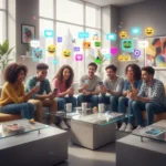 Friends laughing while looking at meme phones, surrounded by digital meme graphics