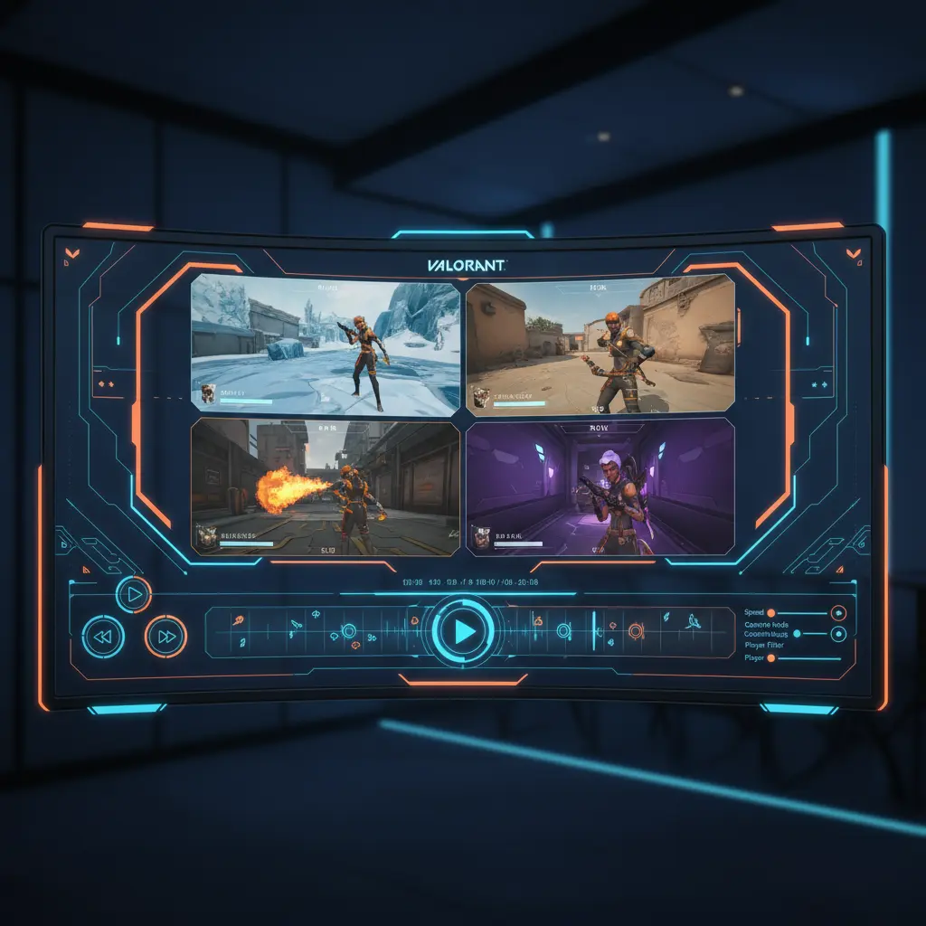 Valorant replay system interface showing multiple player views and timeline controls