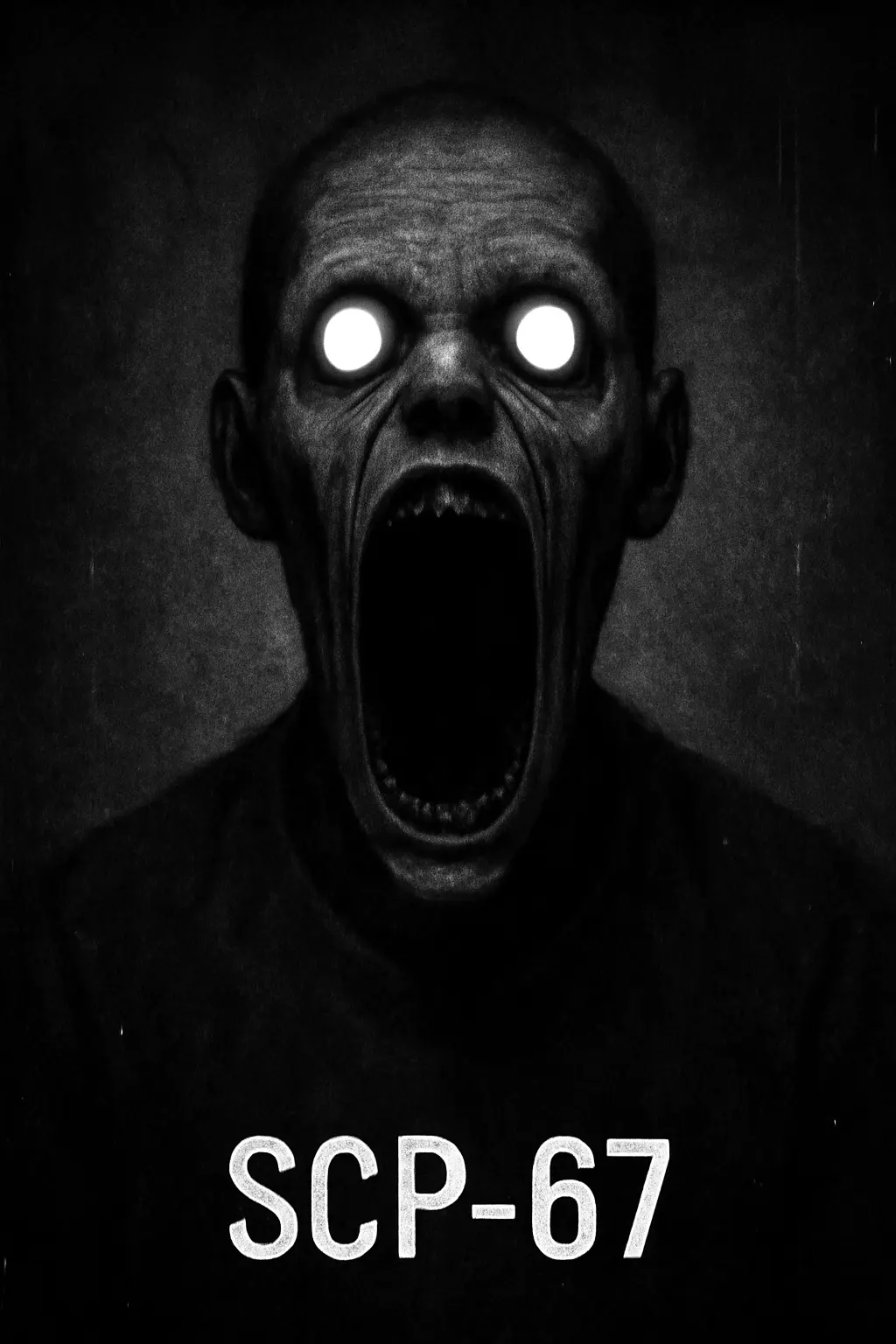 The eerie SCP-67 character with glowing blue eyes and a grotesquely wide-open mouth in black and white analog horror style