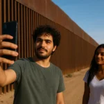Social media challenges on the U.S. border wall Social media icons overlaid on an image of the U.S.-Mexico border wall with protest signs