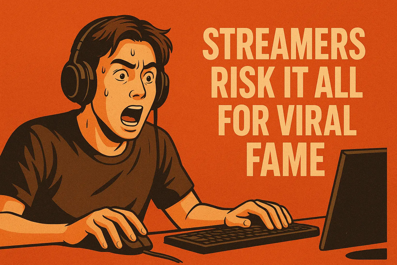 A streamer balancing on a ledge with a camera, surrounded by dramatic lights and comments on screen