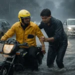 Rapido driver helps passenger during Gurgaon traffic jam and monsoon chaos.