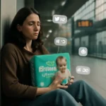 Woman sitting on floor at Canadian train station holding diaper pack
