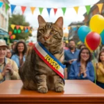 When Pets Campaign: The Cat Mayor Election that Captured a Town’s Imagination Cat wearing mayor sash in small town event