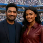Simone Ashley and Zakir Khan courtside at the U.S. Open, smiling with Kal Penn visible