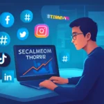 "Social media content creator analyzing trend data on laptop with social media icons floating around"