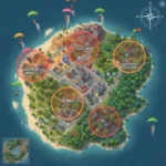Are there any tips for better landing spots or map strategies in Free Fire? Free Fire game aerial view showing best landing spots and player movement strategy