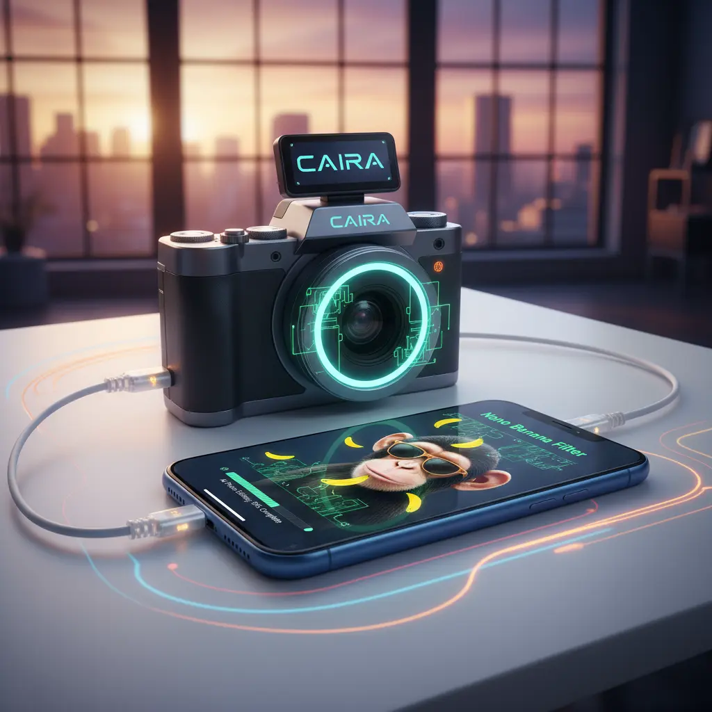 Caira mirrorless camera connected to iPhone showing AI Nano Banana editing in action