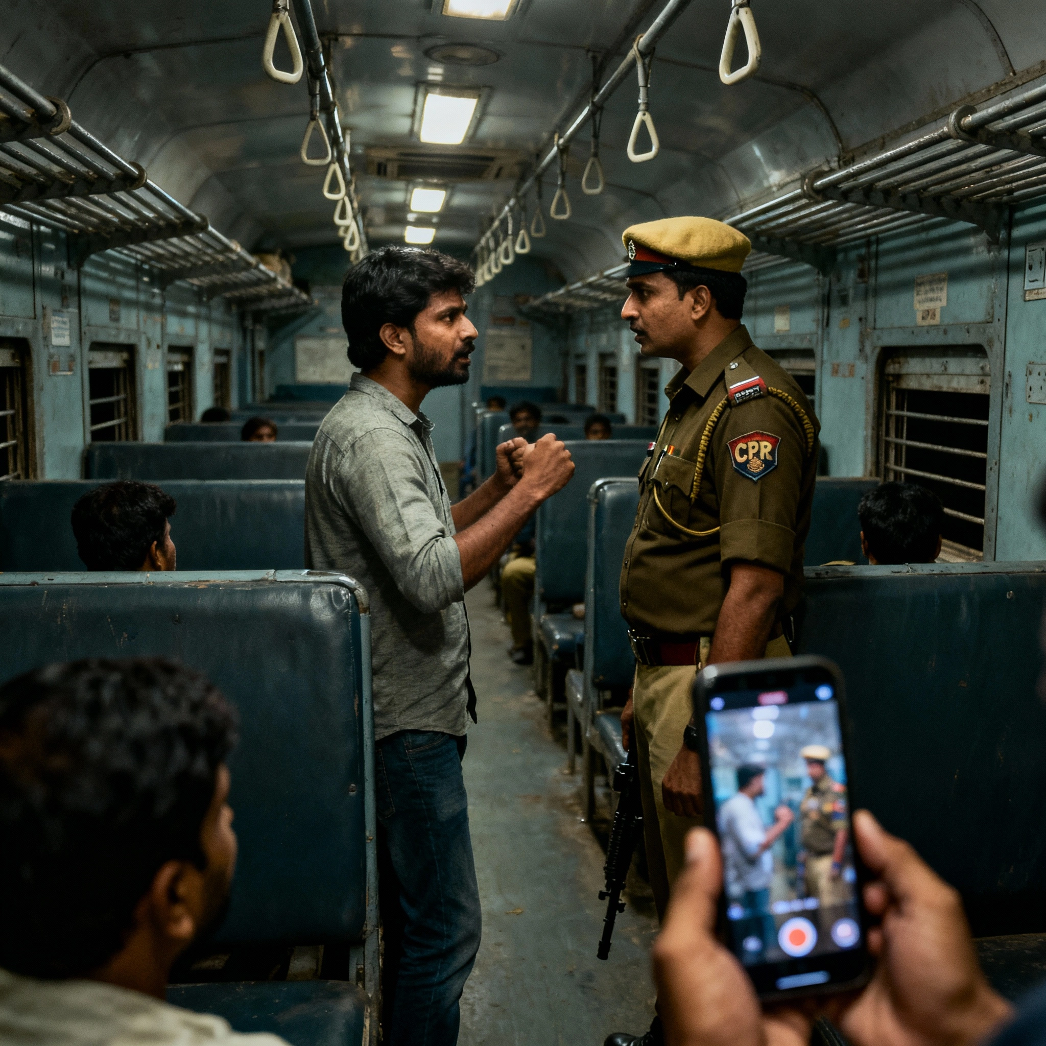 Passenger confronting CRPF officer about secret photographs on Indian train