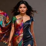 Woman using Gemini AI to change outfit from casual to traditional saree digitally