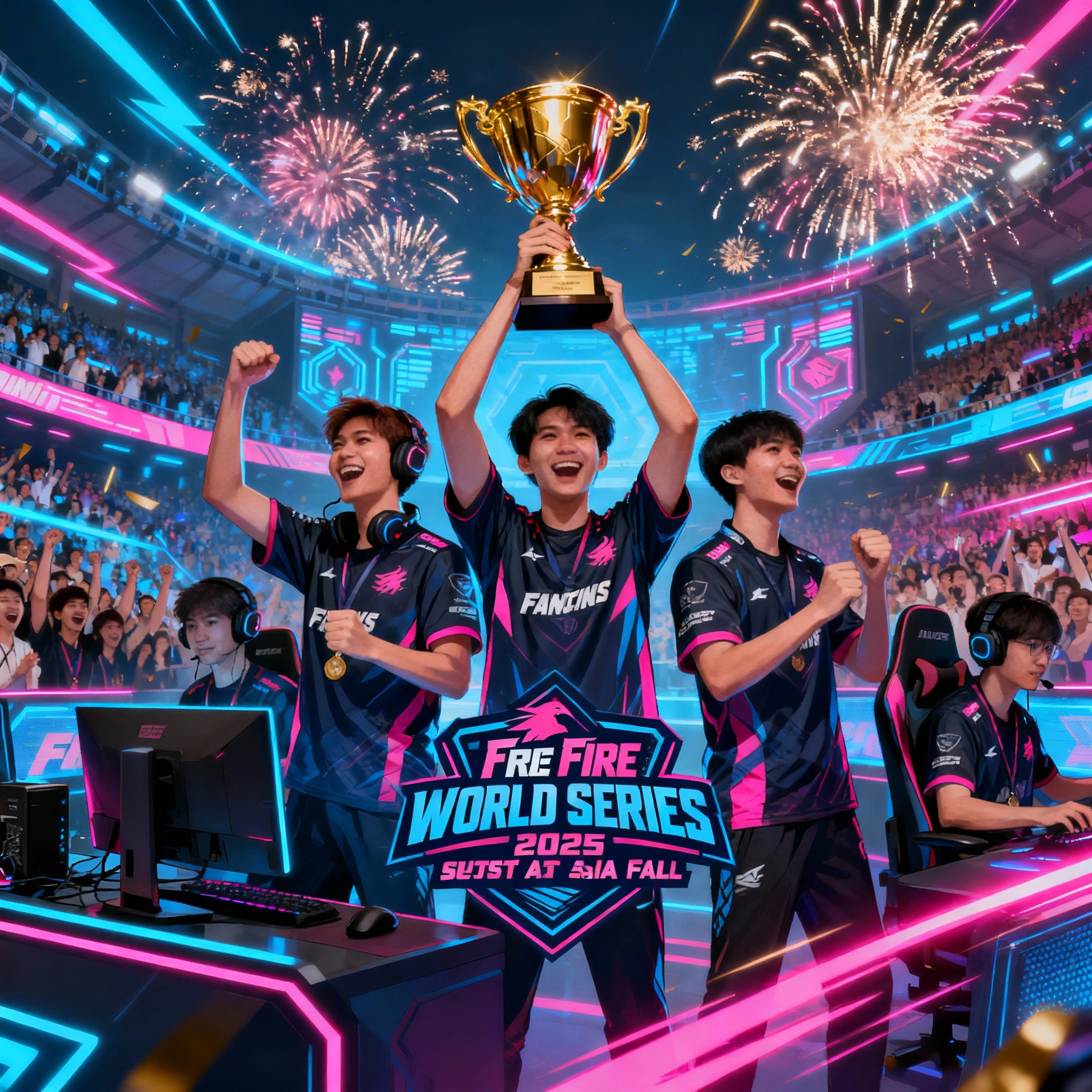 Team Falcons celebrating their victory at FFWS 2025 SEA Fall Free Fire Finals