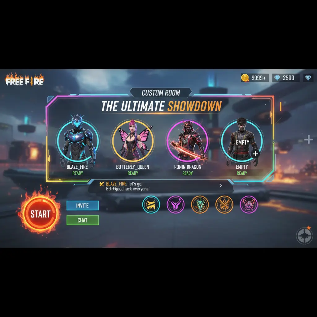 Free Fire custom room lobby with squad members ready for battle