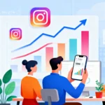 A person analyzing Instagram growth analytics on a smartphone with Instagram icons surrounding.