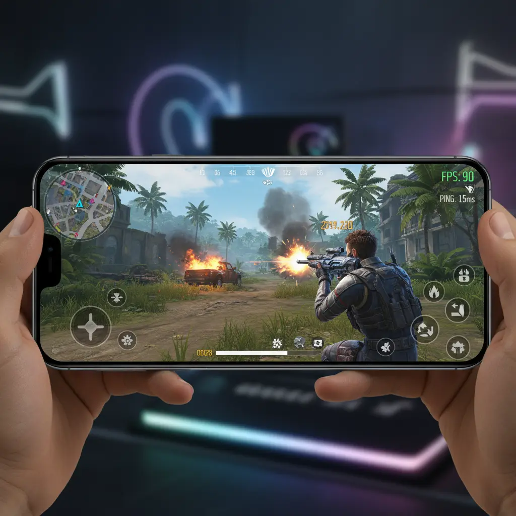 Mobile screen showing Free Fire gameplay with optimized graphics settings for better performance