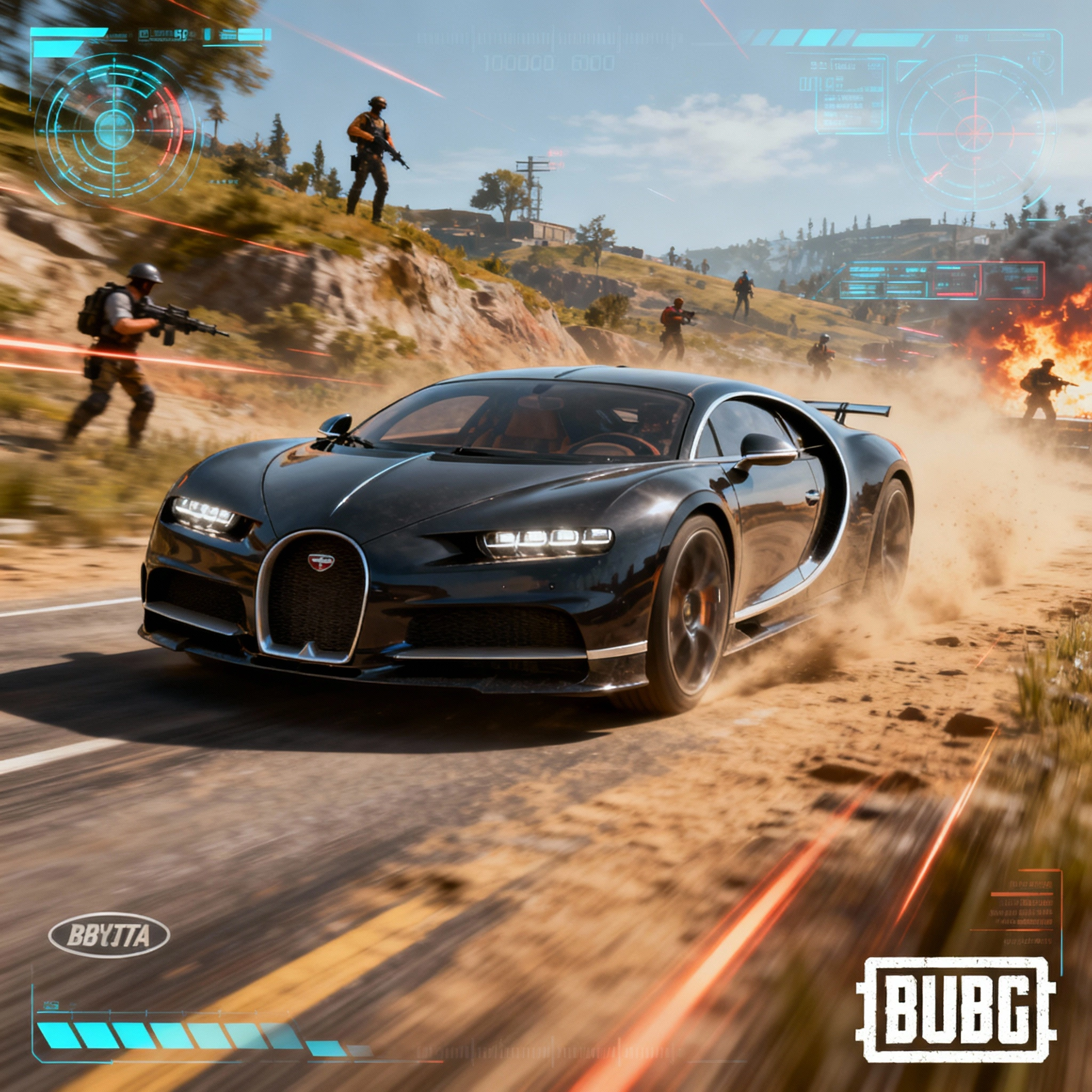 PUBG player driving the Bugatti Chiron hypercar on the Erangel battleground