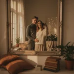 Portrait Mirror Selfie Photo Editing Gemini AI Prompts Couple taking a mirror selfie enhanced with Gemini AI photo editing prompts