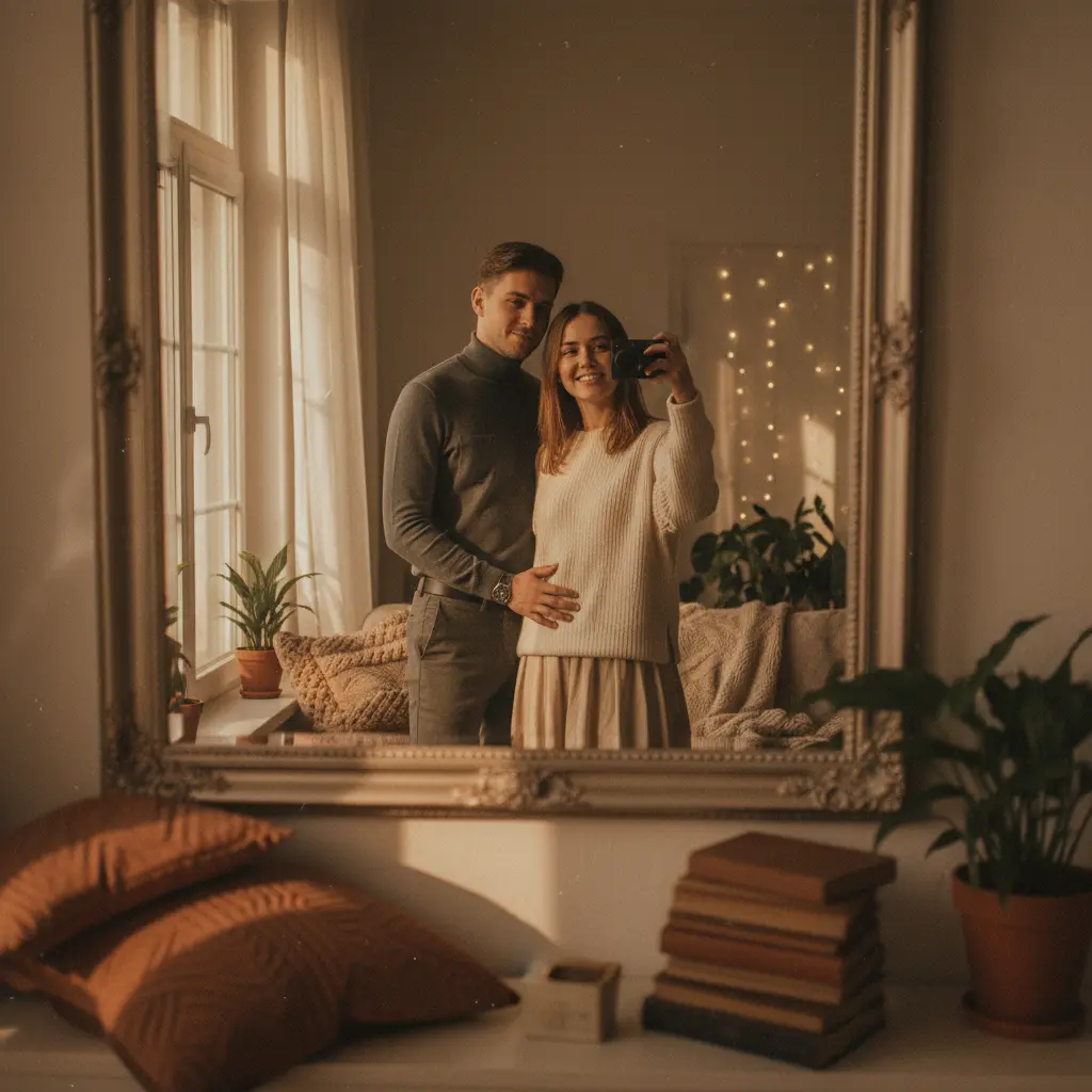 Couple taking a mirror selfie enhanced with Gemini AI photo editing prompts