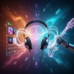 Artistic digital representation of AI-powered music creation and streaming on Spotify with glowing headphones and futuristic playlist interface