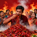 Ram Pirtuh, the Meghalaya farmer, eating dried red chillies calmly in a viral video.